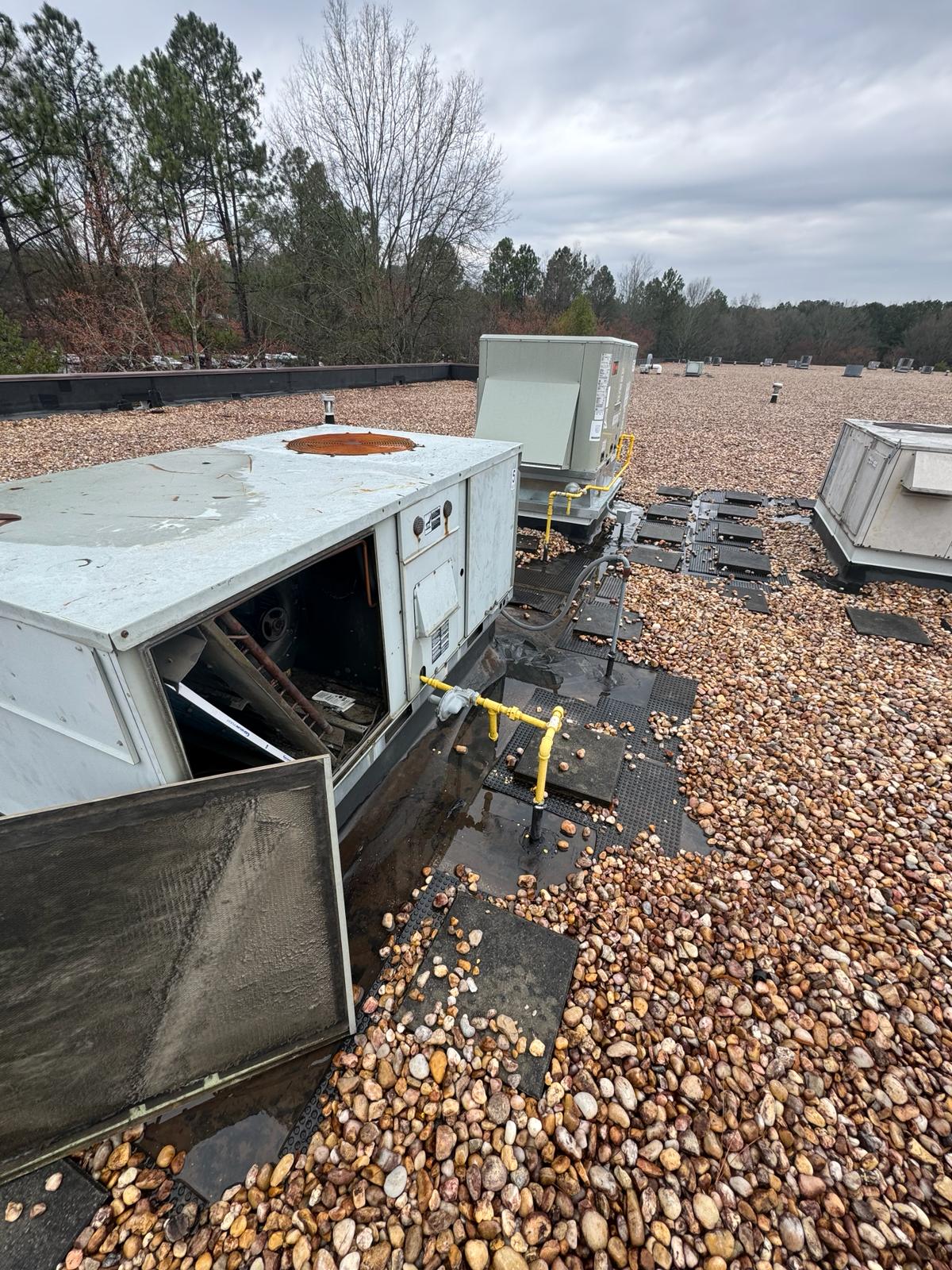 Rooftop survey — packaged unit access panel open with gas line and filter rack visible